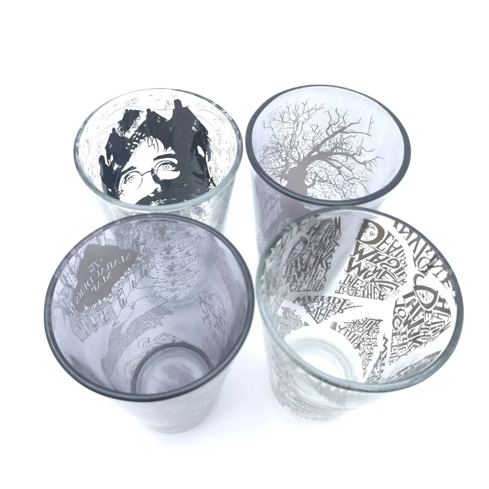 Harry Potter Pint Glass Set 4pc 16oz. Marauder's Map Deathly Hallows Always Gift